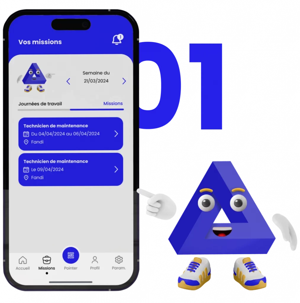 TeamTIM, solution RH, écran d'application affichant les missions et les journées de travail à venir